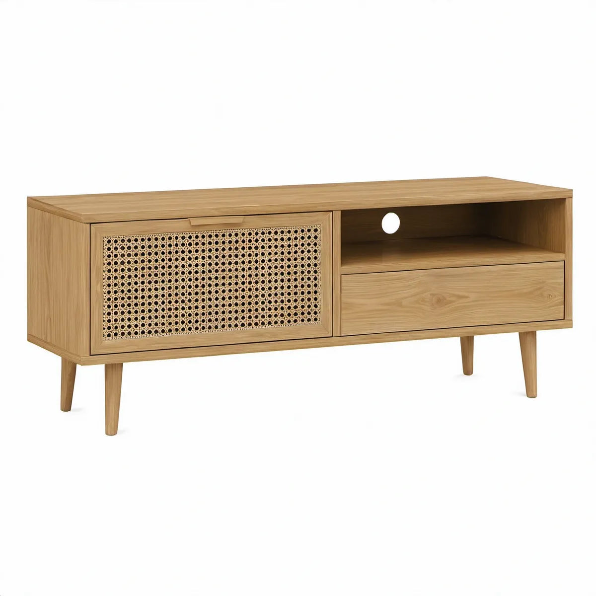 Natural Oak Veneer TV Stand with Rattan Door, Drawer and Cable Management, 55.12 x 15.75 x 22.05 in