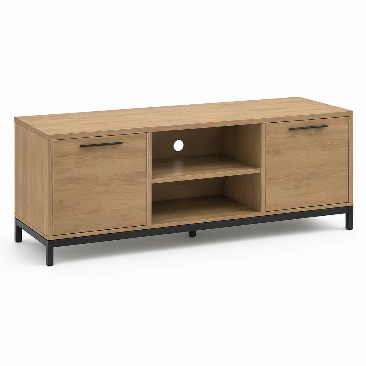 60 x 16 x 24 in Oak and Black TV Stand with Cabinet Storage and Cable Management