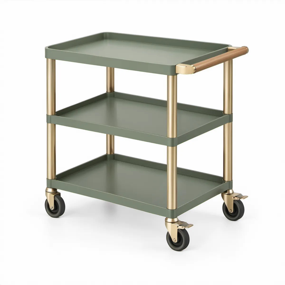 3-Tier Rectangular Steel Kitchen Cart with Locking Casters, Sage Green, Champagne Gold and Natural Brown, 25.98 x 16.93 x 33.86 in