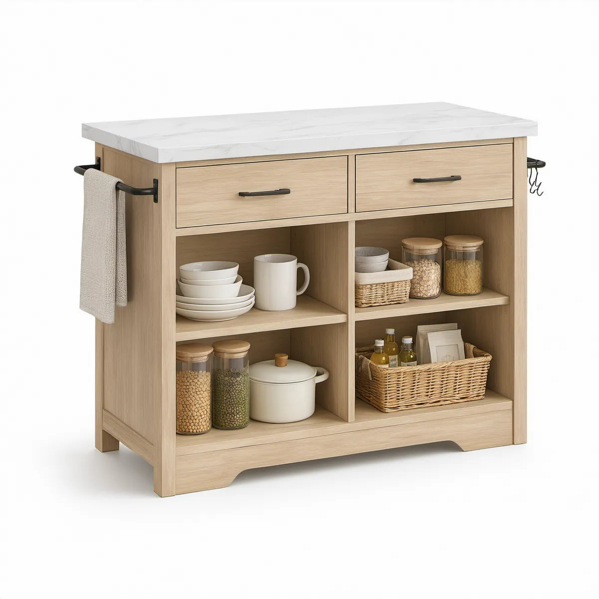 Light Oak Kitchen Island with Faux Marble Top, 2 Drawers, Open Shelves, Towel Bar and Hooks, 47.2 x 18.1 x 35.4 in