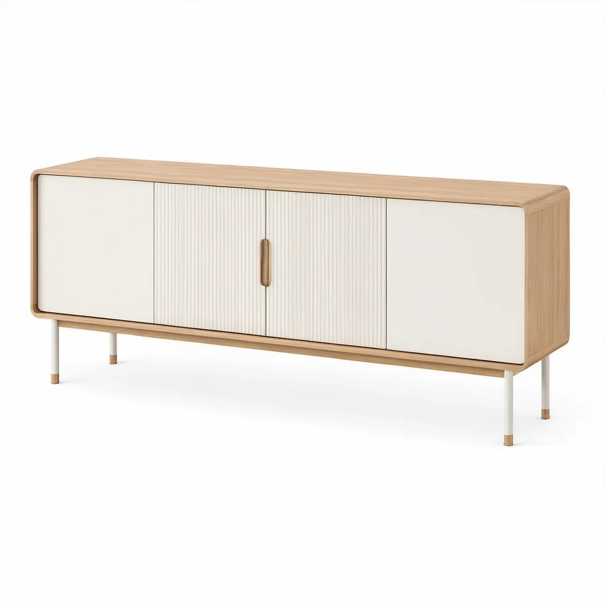 70.9 in W x 15.7 in D x 29.5 in H TV Stand with 4 Doors, Fluted Center Doors, Light Oak and White