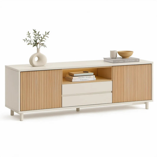 70.9 in Rectangular Media Console with Sliding Doors, Drawers and Open Shelf, Cream and Natural Oak