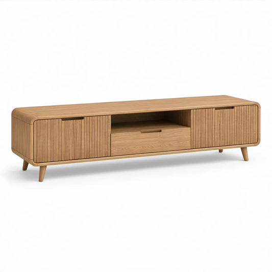 Natural Oak TV Stand, 70.9 x 15.7 x 21.7 in, Oak Veneer MDF Media Console with Sliding Doors and Drawer