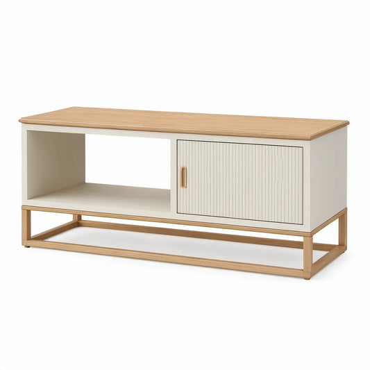 47.2 x 15.7 x 23.6 in White and Natural MDF and Rubberwood TV Stand with Sliding Fluted Door