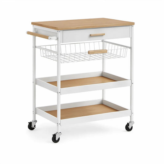22 x 15 x 36 in White and Natural Bamboo Kitchen Cart with Drawer, Wire Basket, and 2 Shelves