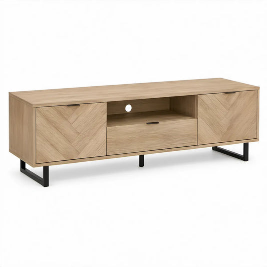 Light Oak and Black Media Console, 70.87 x 15.75 x 23.62 in, MDF with Oak Veneer and Steel Legs
