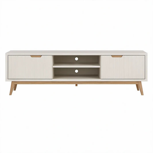63.0 x 15.7 x 23.6 in White and Natural MDF TV Stand with 2 Sliding Doors and Open Shelves