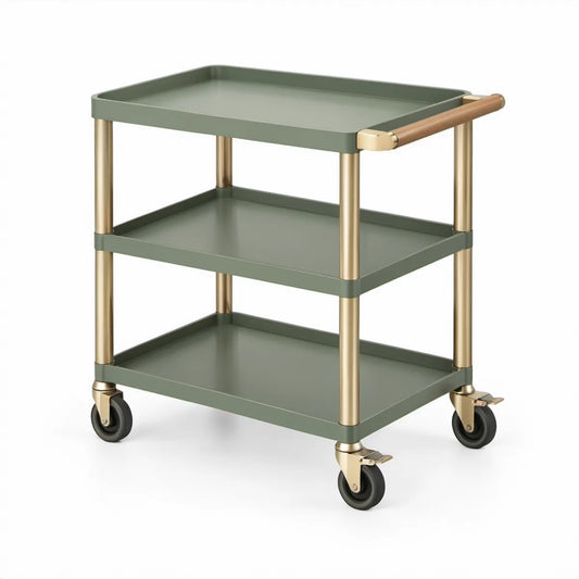 3-Tier Rectangular Steel Kitchen Cart with Locking Casters, Sage Green, Champagne Gold and Natural Brown, 25.98 x 16.93 x 33.86 in