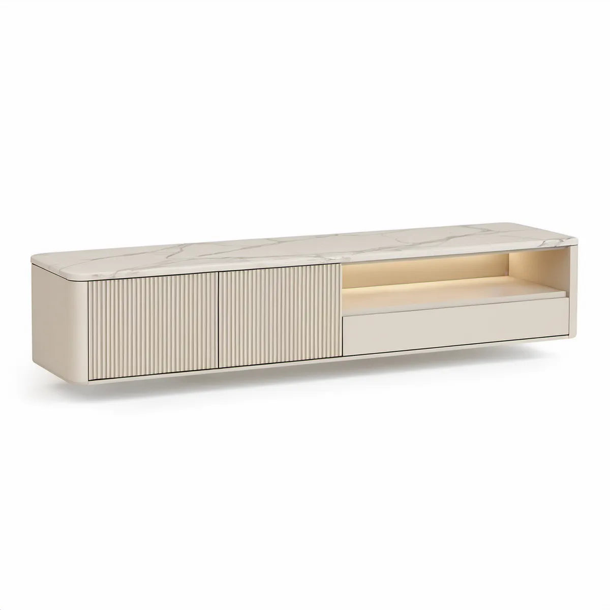White and Cream TV Stand with Sintered Stone Top, 70.9 x 15.7 x 17.7 in