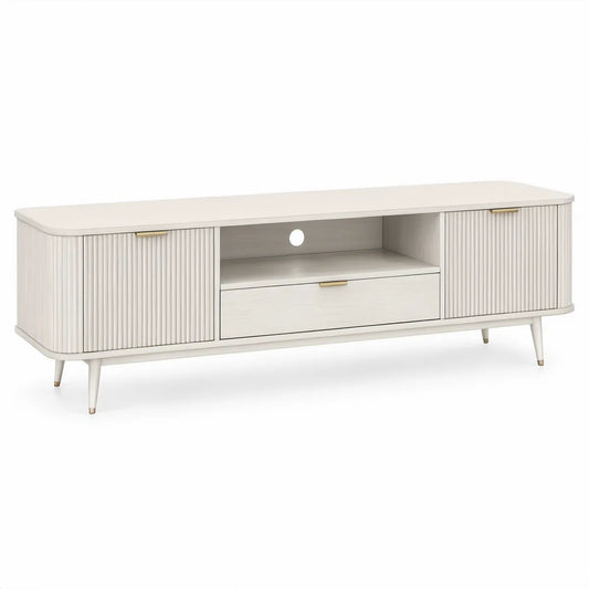 White and Gold 71 x 16 x 24 in MDF Media Console with Fluted Sliding Doors and Drawer